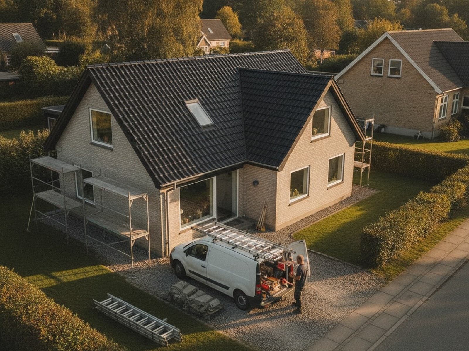 Dansk villa med nyt tag og tagdækker der pakker sammen