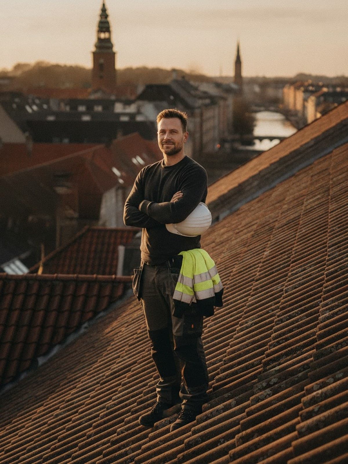Portræt af tagdækker på taget i aftensol