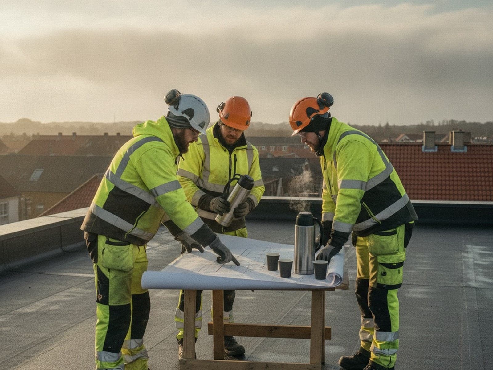 Tagdækkersjak planlægger dagens arbejde på taget