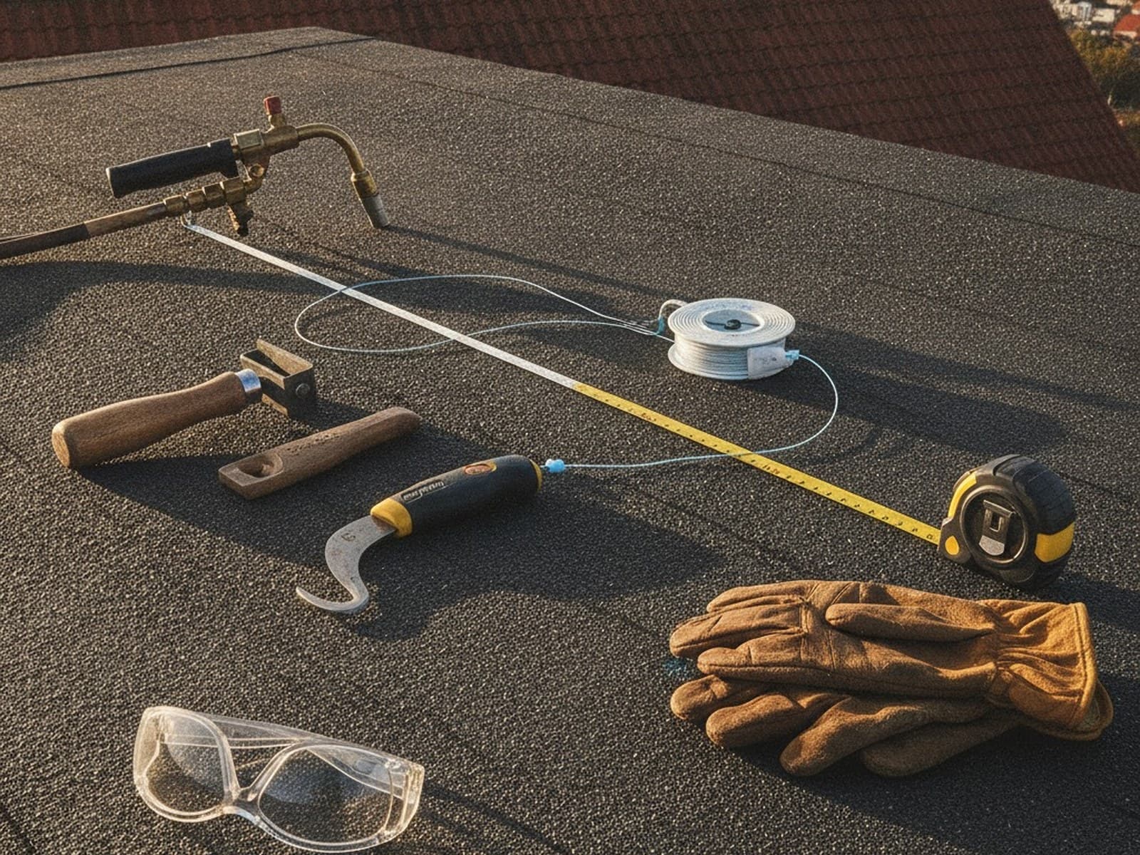 Tagdækkerens værktøj lagt frem på tagpap