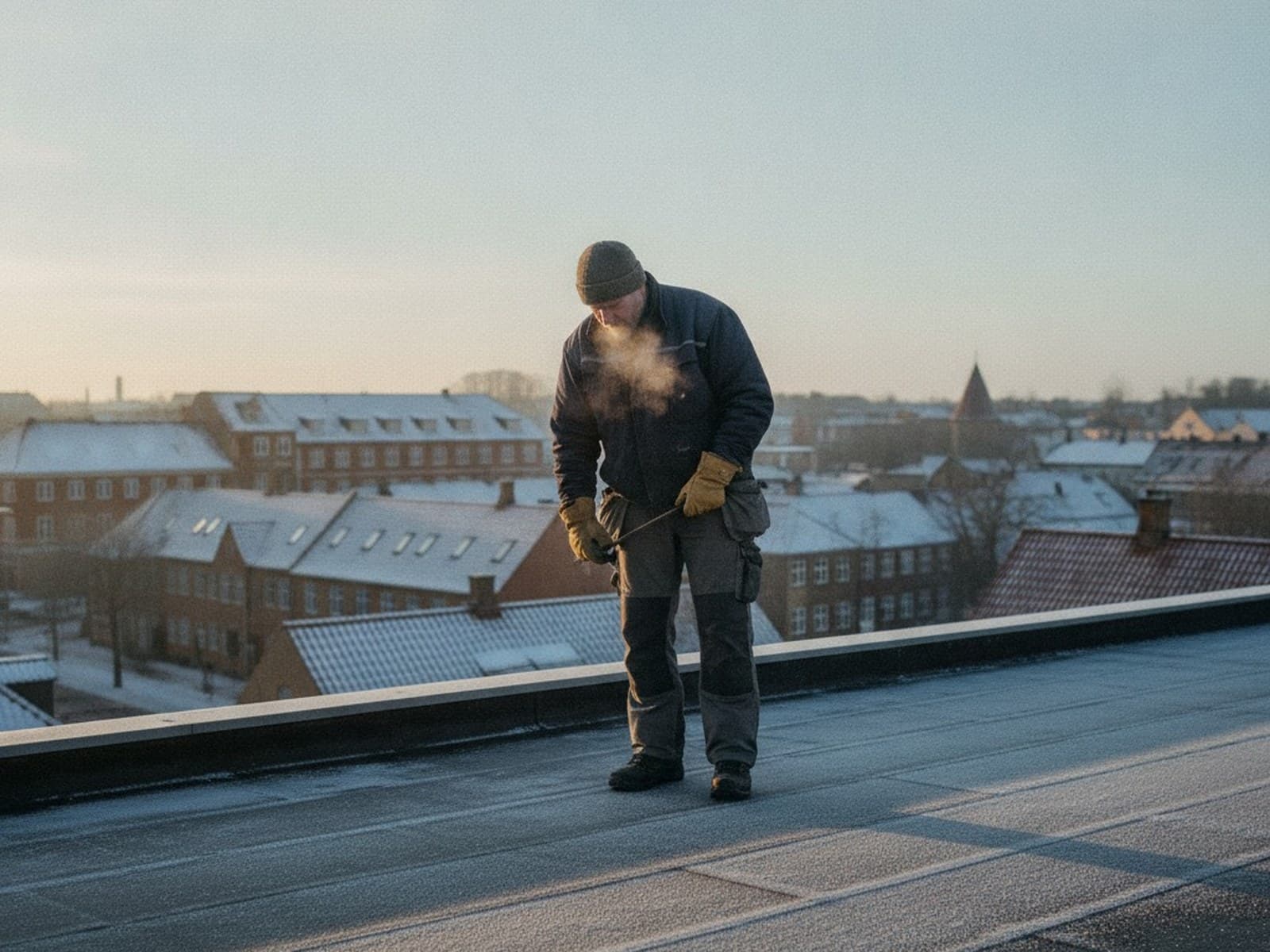 Tagdækker arbejder på fladt tag en kold vintermorgen